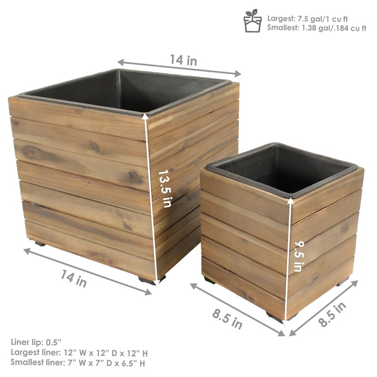 2-Piece Acacia Square Planter Boxes With Liners - Anthracite Stain
