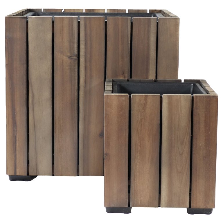 2-Piece Acacia Square Planter Boxes With Liners - Grey