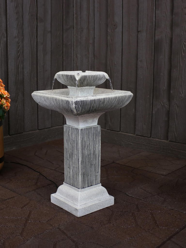 2-Tier Square Bird Bath Outdoor Water Fountain 25" Feature with LEDs