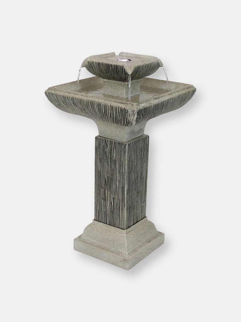 2-Tier Square Bird Bath Outdoor Water Fountain 25" Feature with LEDs - Grey