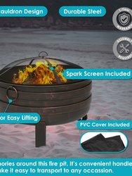 24" Steel Cauldron Fire Pit With Spark Screen And Cover - Bronze