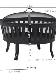 25-Inch Steel Mesh Stripe Cutout Fire Pit with Spark Screen and Poker