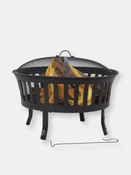 25-Inch Steel Mesh Stripe Cutout Fire Pit with Spark Screen and Poker - Black