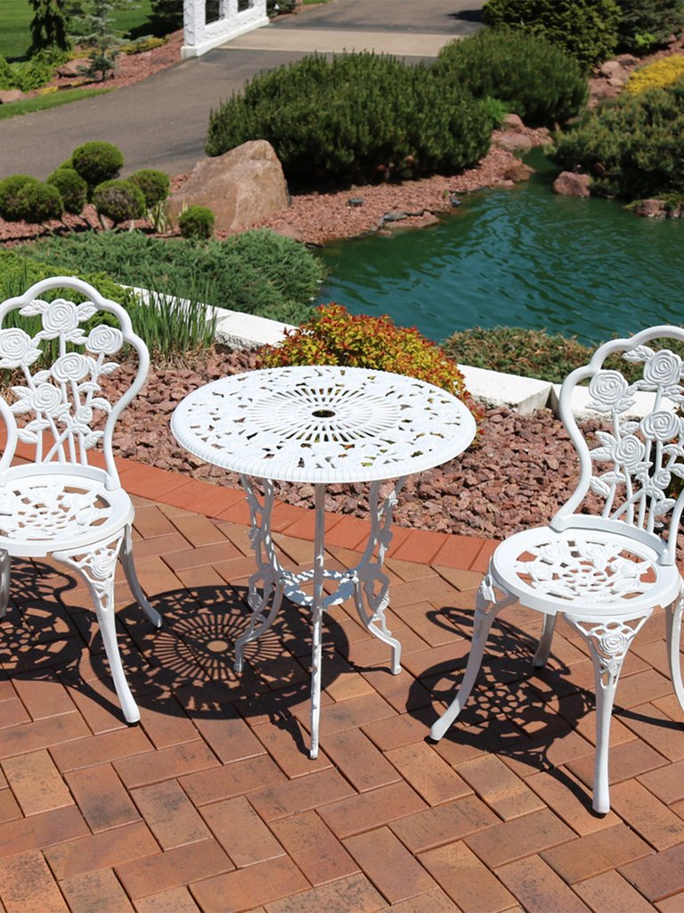 3-Piece White Flower Designed Cast Aluminum Patio Furniture Bistro Set