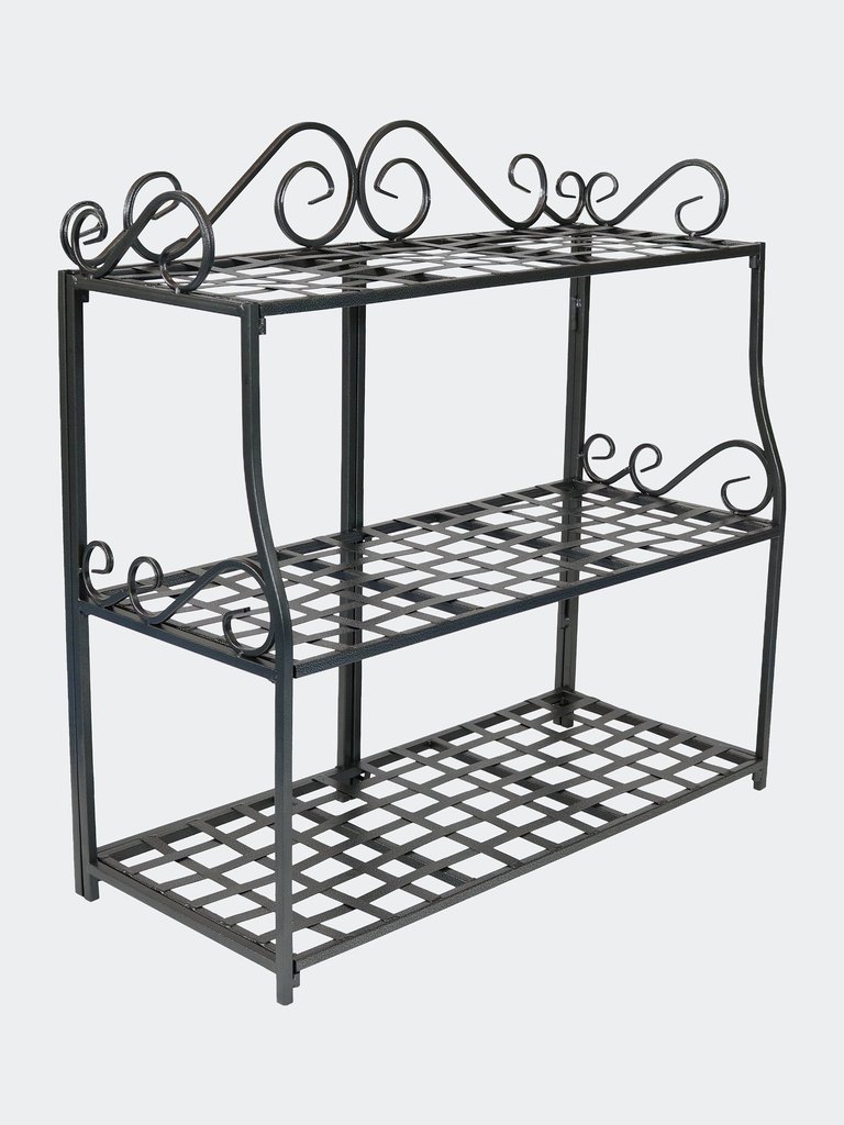 3-Tier Plant Stand Iron Metal Shelves with Decorative Scroll Edging - Black