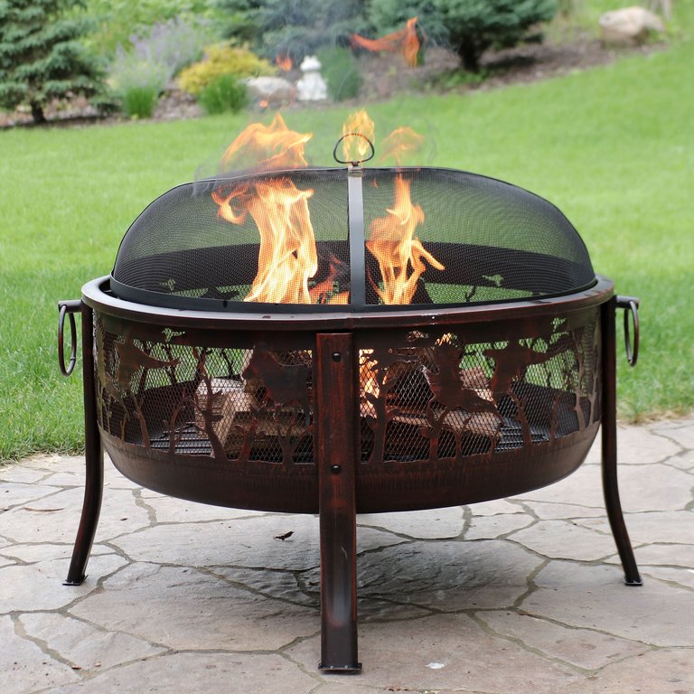 30" Pheasant Hunting Steel Fire Pit With Spark Screen - Bronze