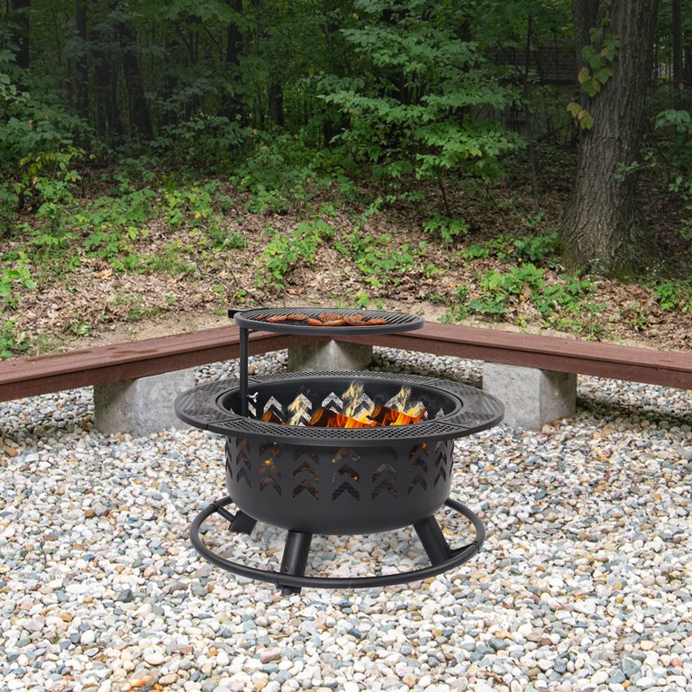 32.75" Arrow Motif Steel Fire Pit With Cooking Grate - Black