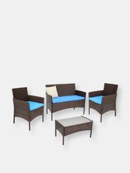 4-Piece Patio Rattan Conversation Furniture Set Patio Garden Navy Blue Cushions - Brown