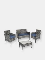 4-Piece Patio Rattan Conversation Furniture Set Patio Garden Navy Blue Cushions - Grey