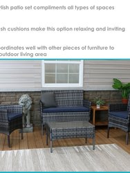 4-Piece Patio Rattan Conversation Furniture Set Patio Garden Navy Blue Cushions