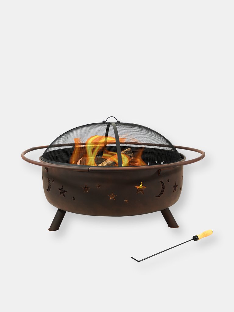 42" Fire Pit Steel Cosmic Design with Spark Screen and Firewood Poker - Brown