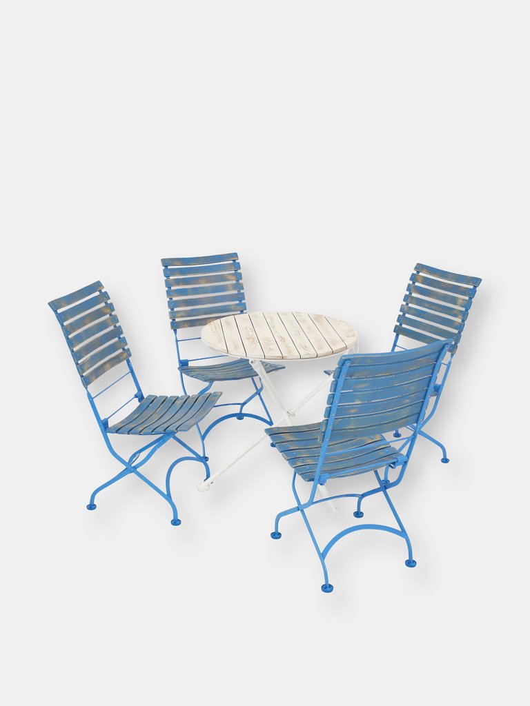 5-Piece Patio Bistro Furniture Set Wooden Folding Outdoor Table Blue Chairs - Blue
