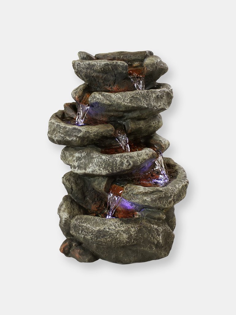 6 Tier Stone Falls Tabletop Indoor Water Fountain Feature w/ LED - Grey