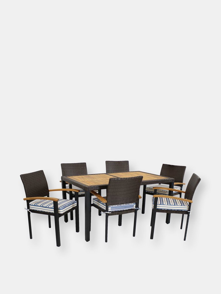 7-Piece Outdoor Dining Patio Furniture Set Rattan Wooden Tabletop Blue Stripe - Dark Brown