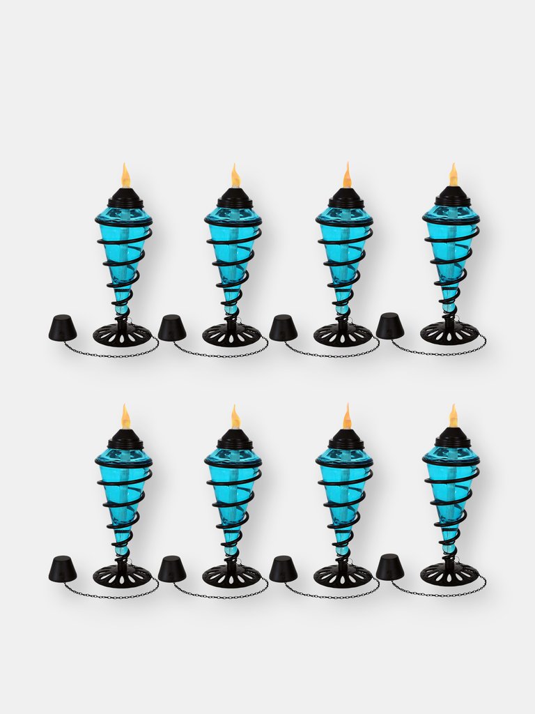 8-Pack Patio Torches Metal Swirl Blue Glass Outdoor Lawn Garden Tabletop Decor - Blue