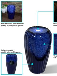 Blue Ceramic Vase Outdoor Water Fountain 22" Water Feature w/ LED