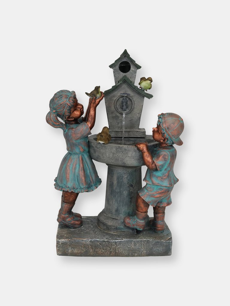 Boy and Girl at Birdbath Outdoor Water Fountain - Grey