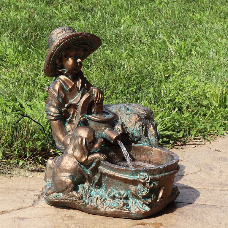 Boy with Dog Solar Outdoor Water Fountain - 15"