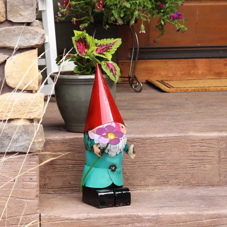 Cheerful Flower Metal Garden Gnome 16" Statue Figurine