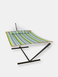 Double Quilted Hammock Bed with 12 Feet Stand  - Blue/Green