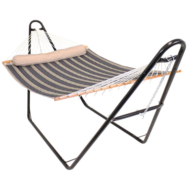 Double Quilted Hammock with Universal Steel Stand Misty Beach Outdoor Swing Bed, Sunnydaze Quilted 2-Person Hammock and Multi-Use Steel Stand - Grey