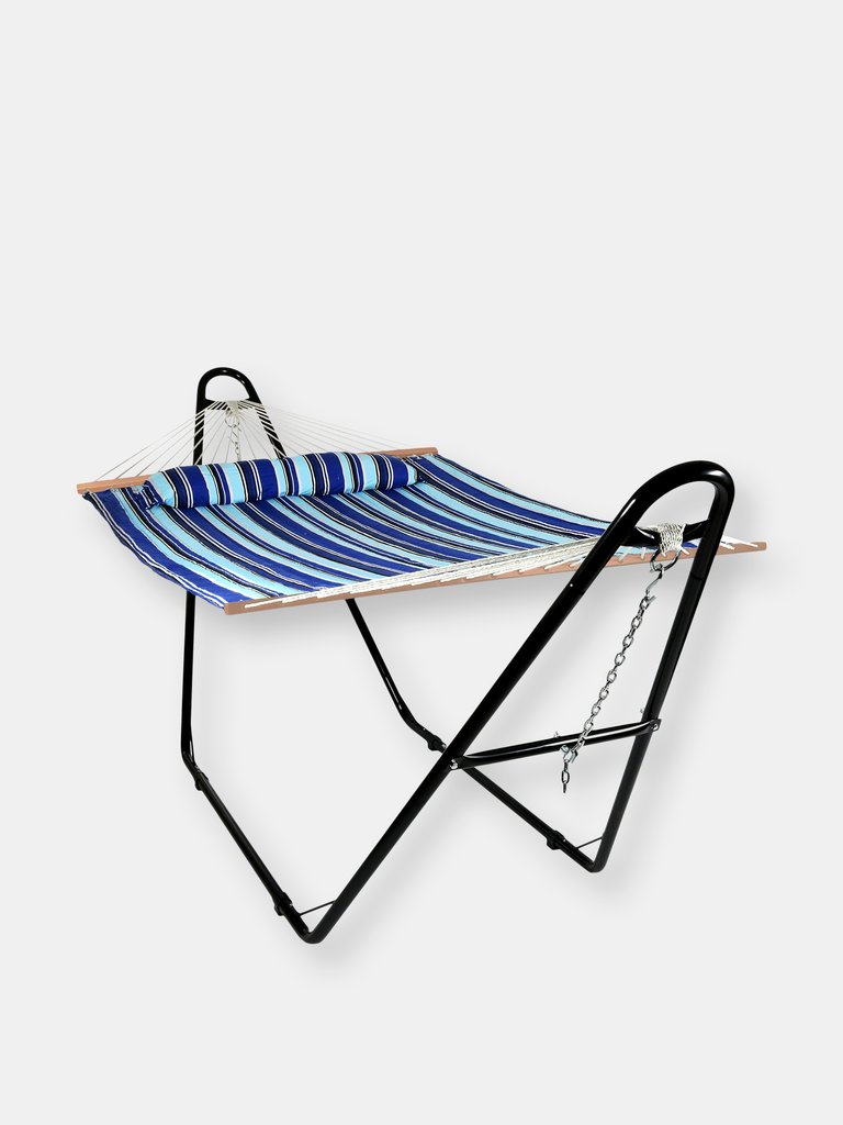 Double Quilted Hammock with Universal Steel Stand Misty Beach Outdoor Swing Bed, Sunnydaze Quilted 2-Person Hammock and Multi-Use Steel Stand - Navy