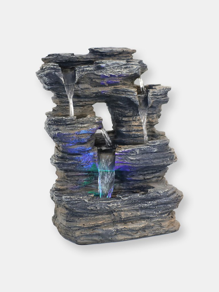 Five Stream Rock Cavern Tabletop Fountain with Multi Colored LED Light - Grey
