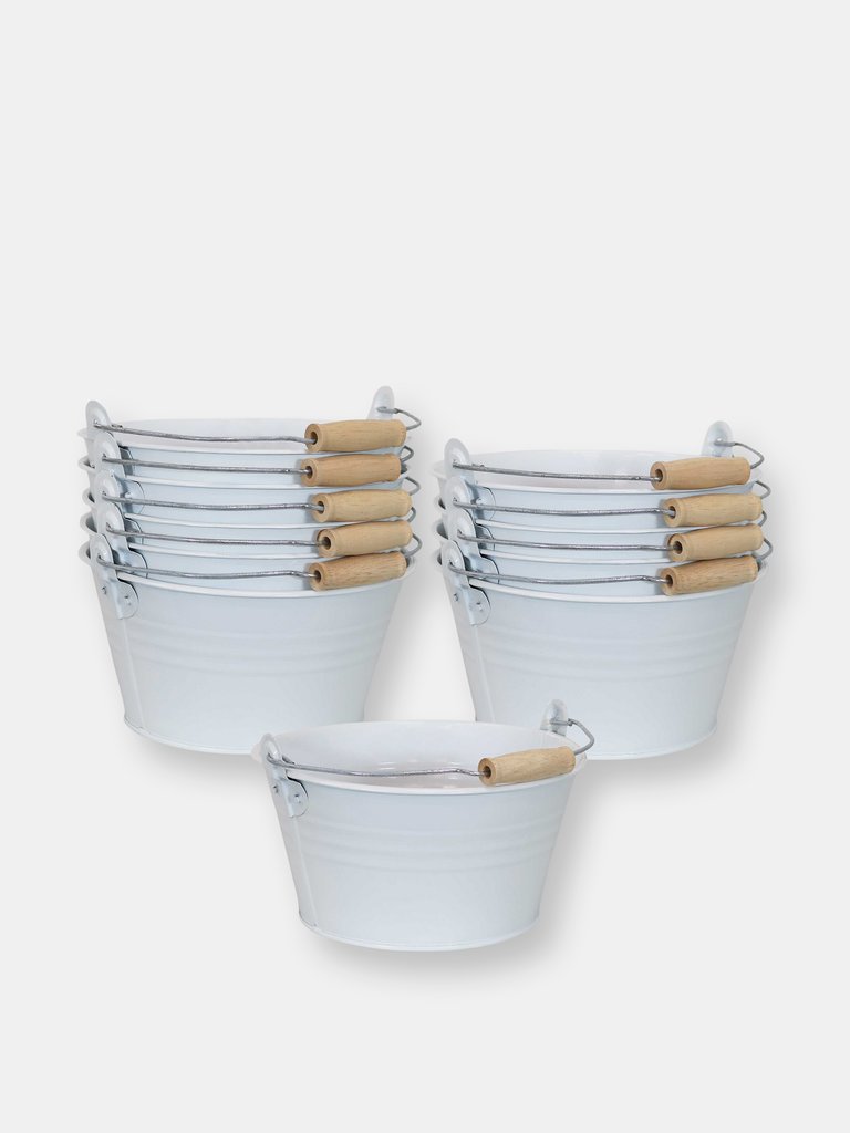 Galvanized Steel Bucket Wood Handle Planter Storage Container (Set of 10) - White