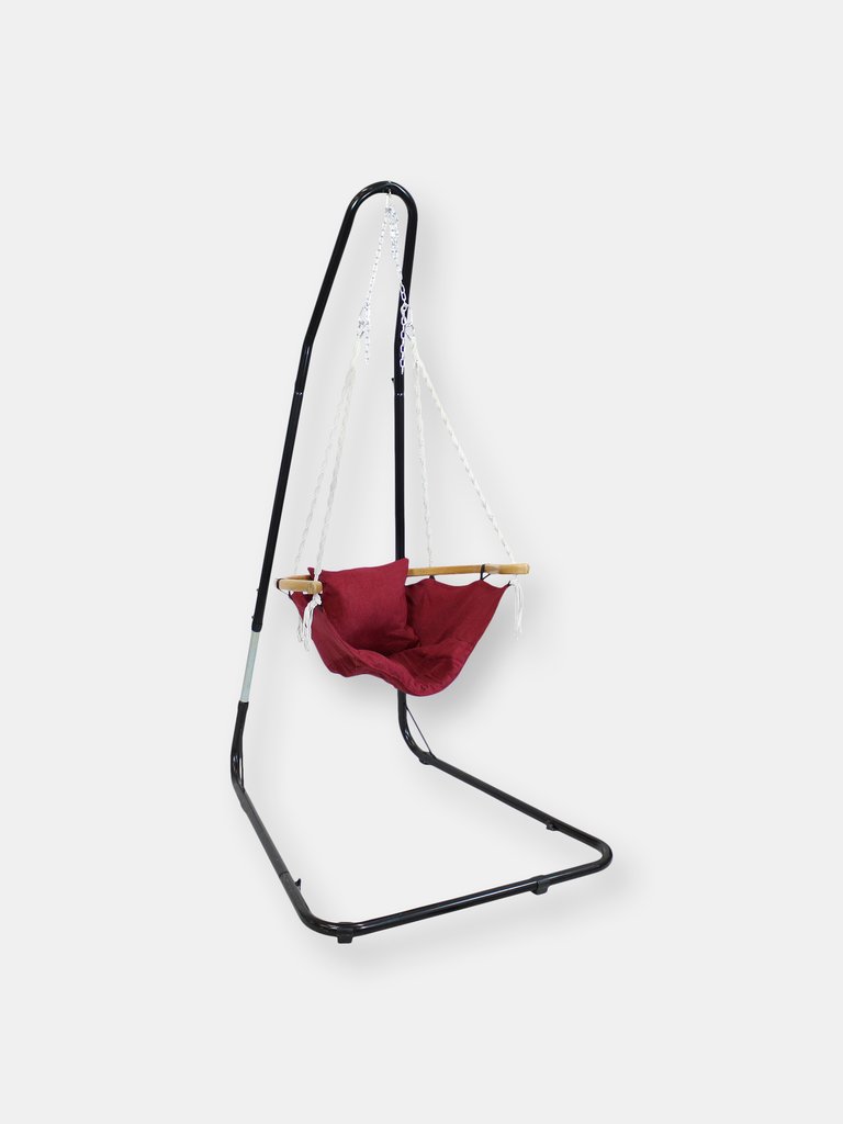 Hanging Hammock Chair with Stand Cushion Wooden Armrest Adjustable Frame - Red