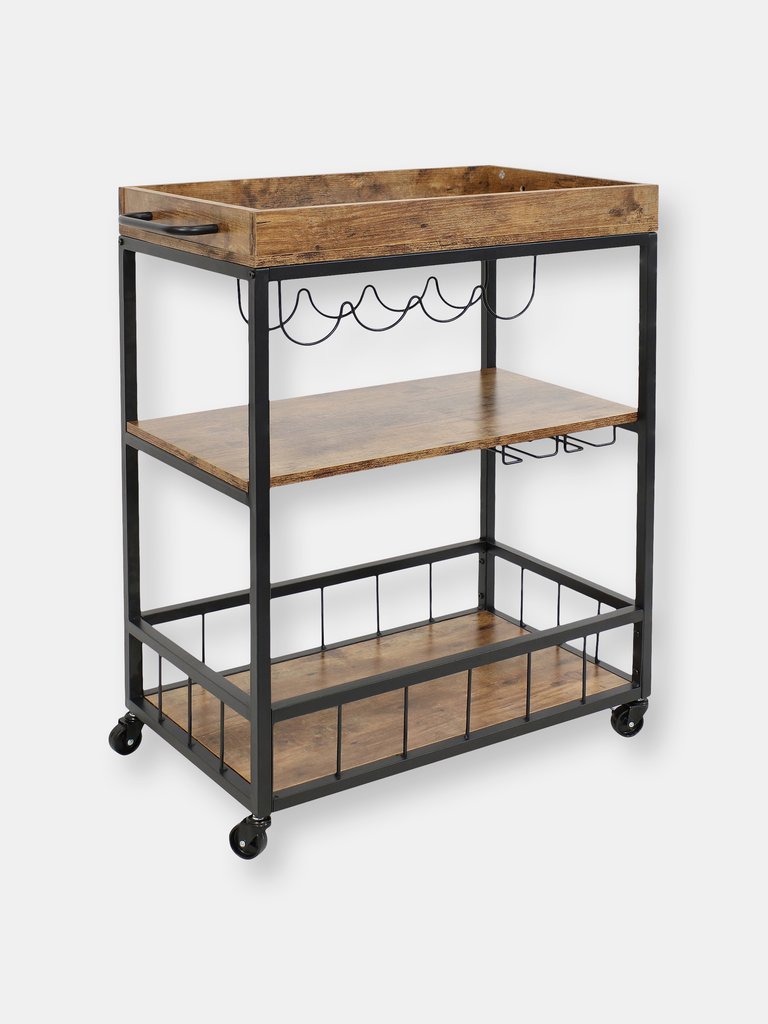 Industrial Rolling Bar Cart with Wine Storage Rack - 35-Inch - Brown
