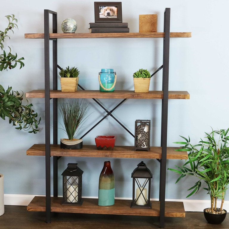 Industrial Style 4-Tier Bookshelf With Wood Veneer Shelves
