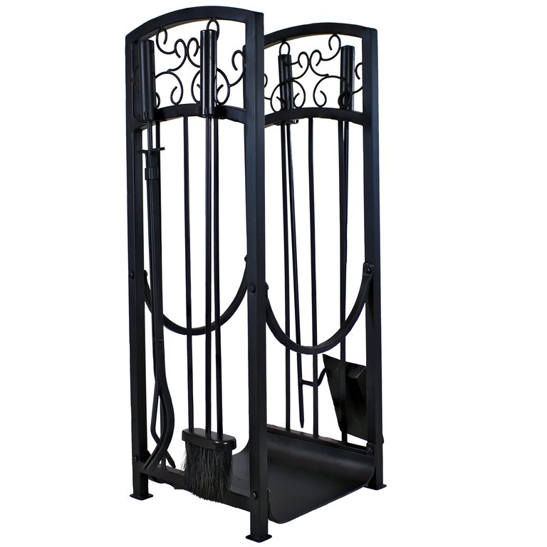 Iron Filigree Firewood Log Rack With 4 Fireplace Tools - Black