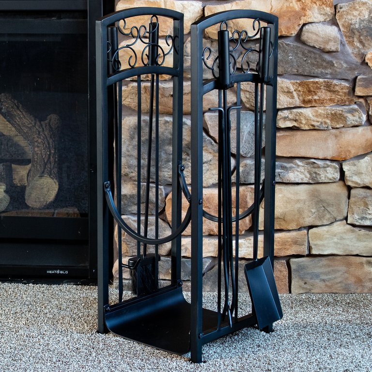 Iron Filigree Firewood Log Rack With 4 Fireplace Tools