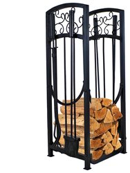Iron Filigree Firewood Log Rack With 4 Fireplace Tools