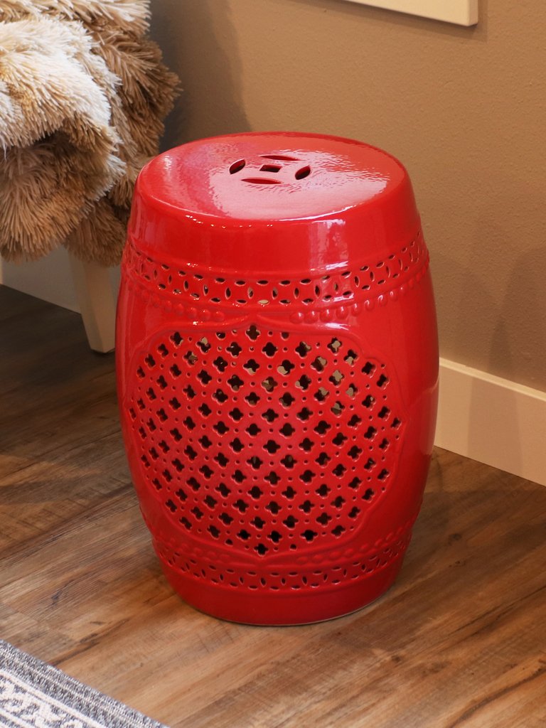 Marrakesh Lattice Ceramic Garden Stool 17.75" Red Plant Stand Side Table