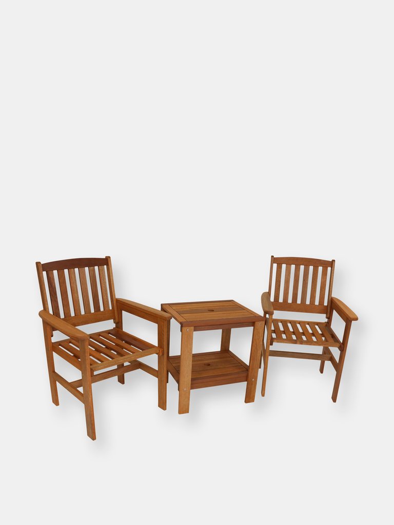 Meranti Wood 3-Piece Outdoor Patio Conversation Set - Teak Oil Finish - Brown