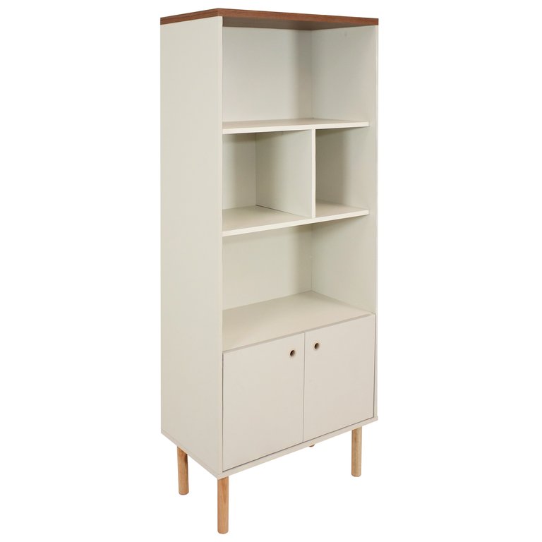Mid-Century Modern 5-Shelf Bookshelf with Storage Cabinet - Latte - Off-white
