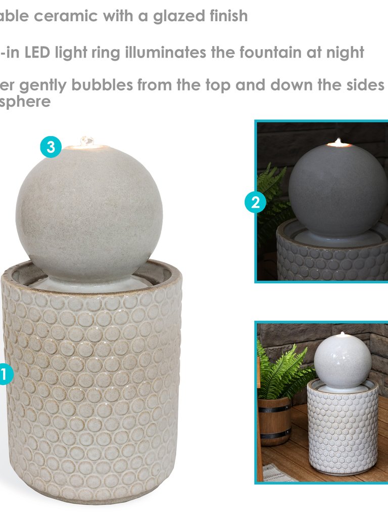 Modern Orb on Circle-Pattern Base Ceramic Outdoor Fountain with LEDs