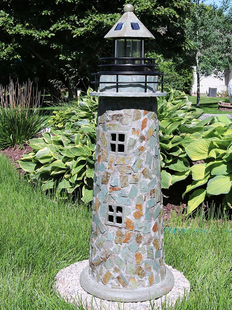 Outdoor Garden Solar LED Cobblestone Lighthouse Statue Decor - 35"