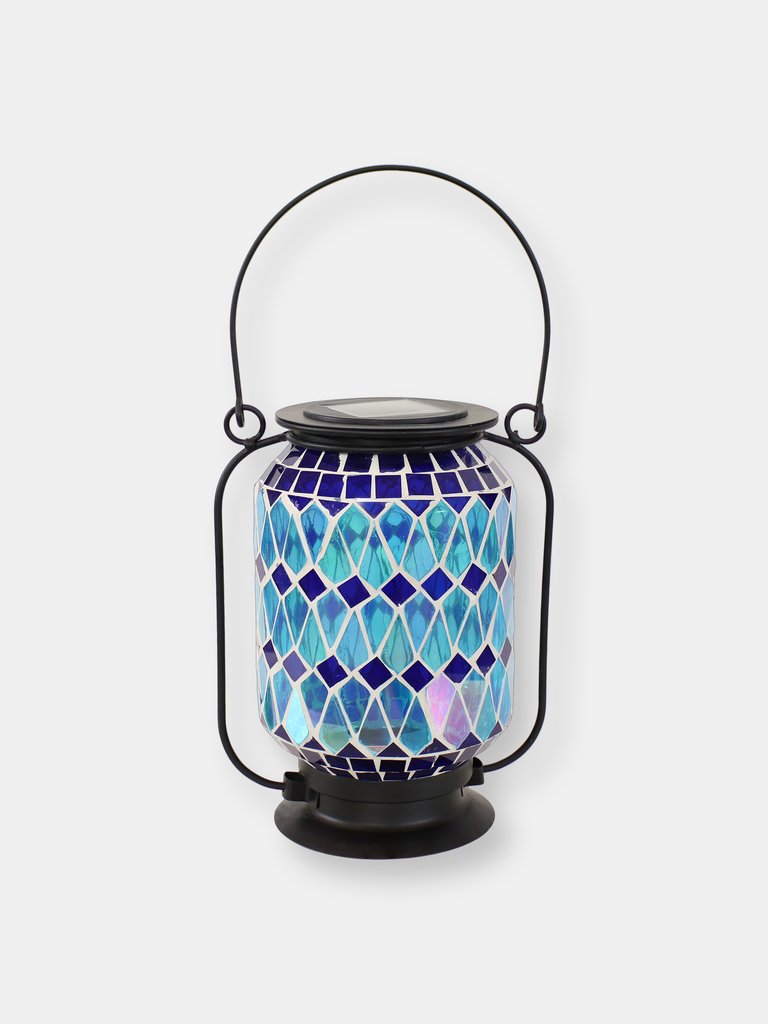 Outdoor Solar Lantern with LED Light and Cool Blue Glass Mosaic Design - Blue