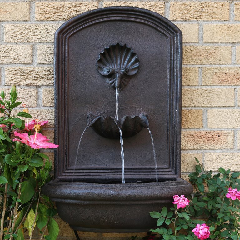 Outdoor Solar with Battery Wall Water Fountain 27" Garden Seaside Iron Finish - Bronze