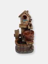 Outdoor Water Fountain with Bluebird House and Buckets - Brown