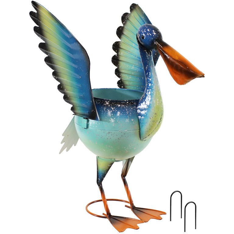 Pierre The Flying Pelican Metal Statue With Planter - 20.75" - Blue