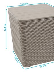Rattan Look Outdoor Storage Table With Faux Wood Top