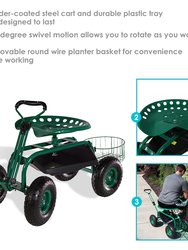 Rolling Garden Cart w/ Extendable Steering Handle Seat & Tray