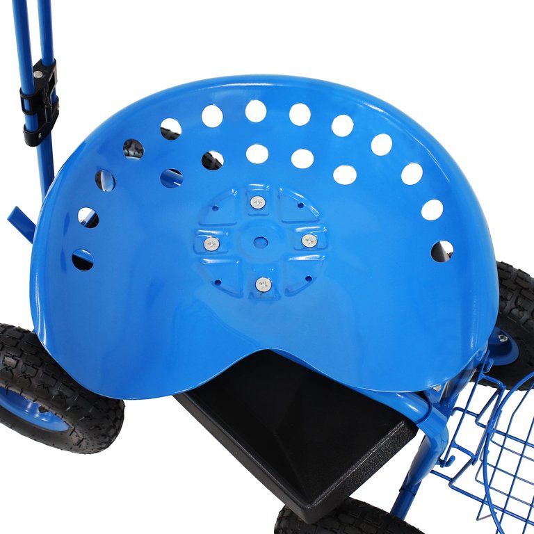Rolling Garden Cart w/ Extendable Steering Handle Seat & Tray - Blue