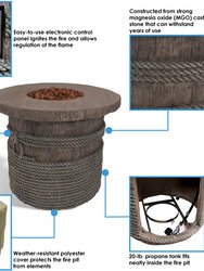 Rope and Barrel Propane Gas Fire Pit Table w/ Cover & Lava Rocks