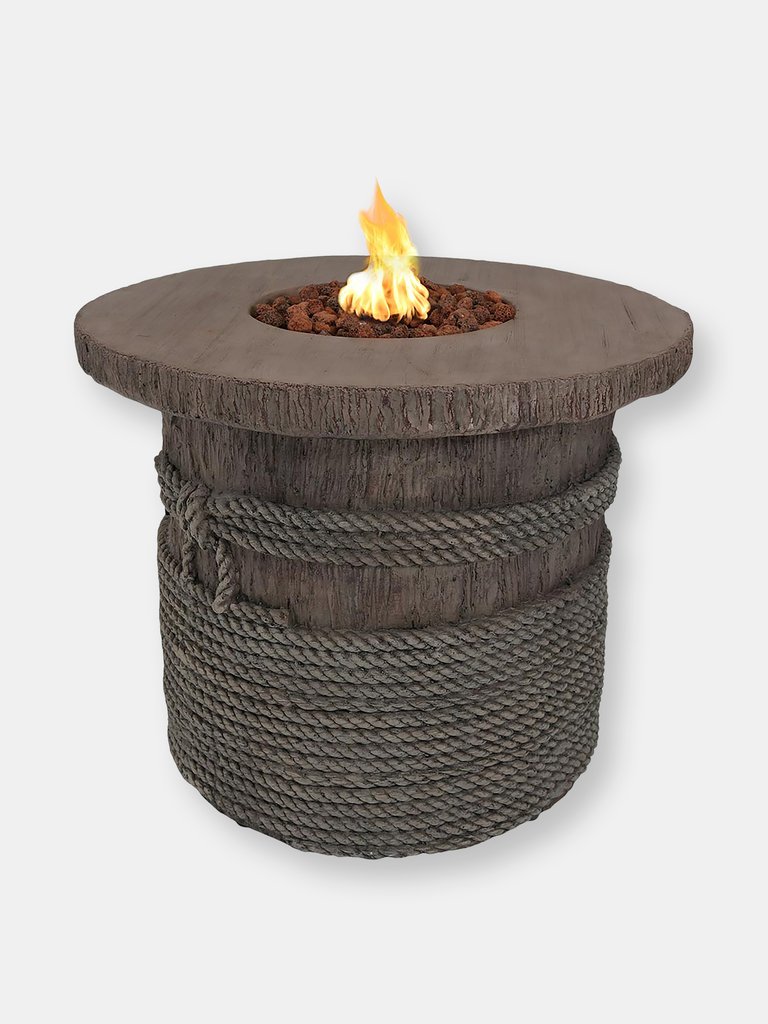 Rope and Barrel Propane Gas Fire Pit Table w/ Cover & Lava Rocks - Light brown