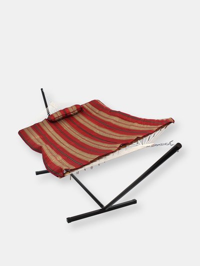 Sunnydaze Decor Rope Hammock with 12' Steel Stand Pad Pillow Green White Stripe Outdoor Patio product