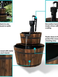 Rustic 2 -Tier Wood Barrel w/ Pump Outdoor Water Fountain - 34"